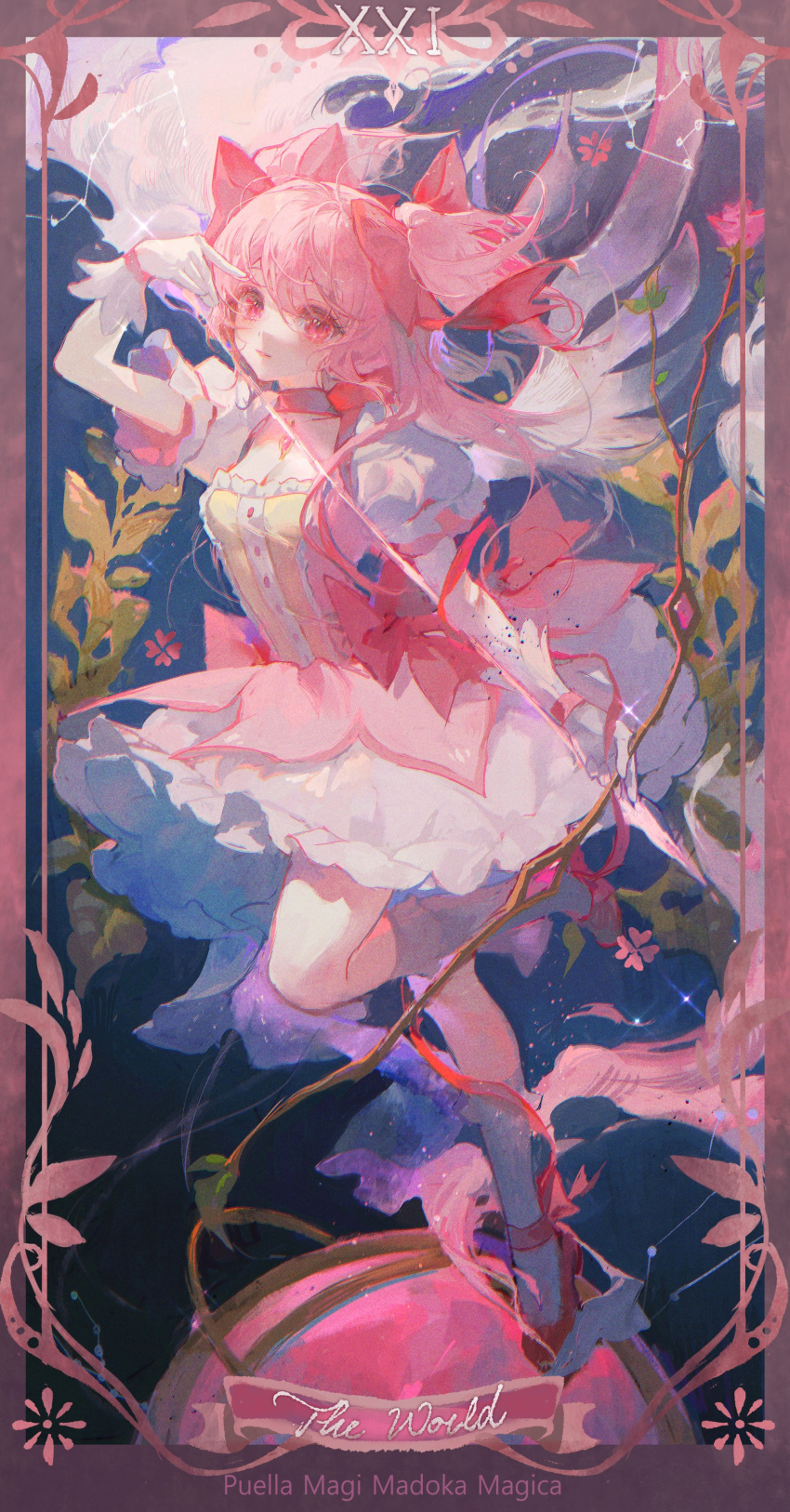 1girl absurdres blush bow bow_(weapon) branch bubble_skirt choker constellation dress flower frilled_skirt frilled_socks frills gloves hair_bow highres holding holding_bow_(weapon) holding_weapon kaname_madoka long_hair looking_at_viewer maccha_(mochancc) magical_girl mahou_shoujo_madoka_magica pink_bow pink_choker pink_dress pink_eyes pink_flower pink_footwear pink_hair puffy_short_sleeves puffy_sleeves revision shoes short_hair short_sleeves short_twintails skirt socks solo soul_gem thighhighs twintails two_side_up weapon white_gloves white_socks wings