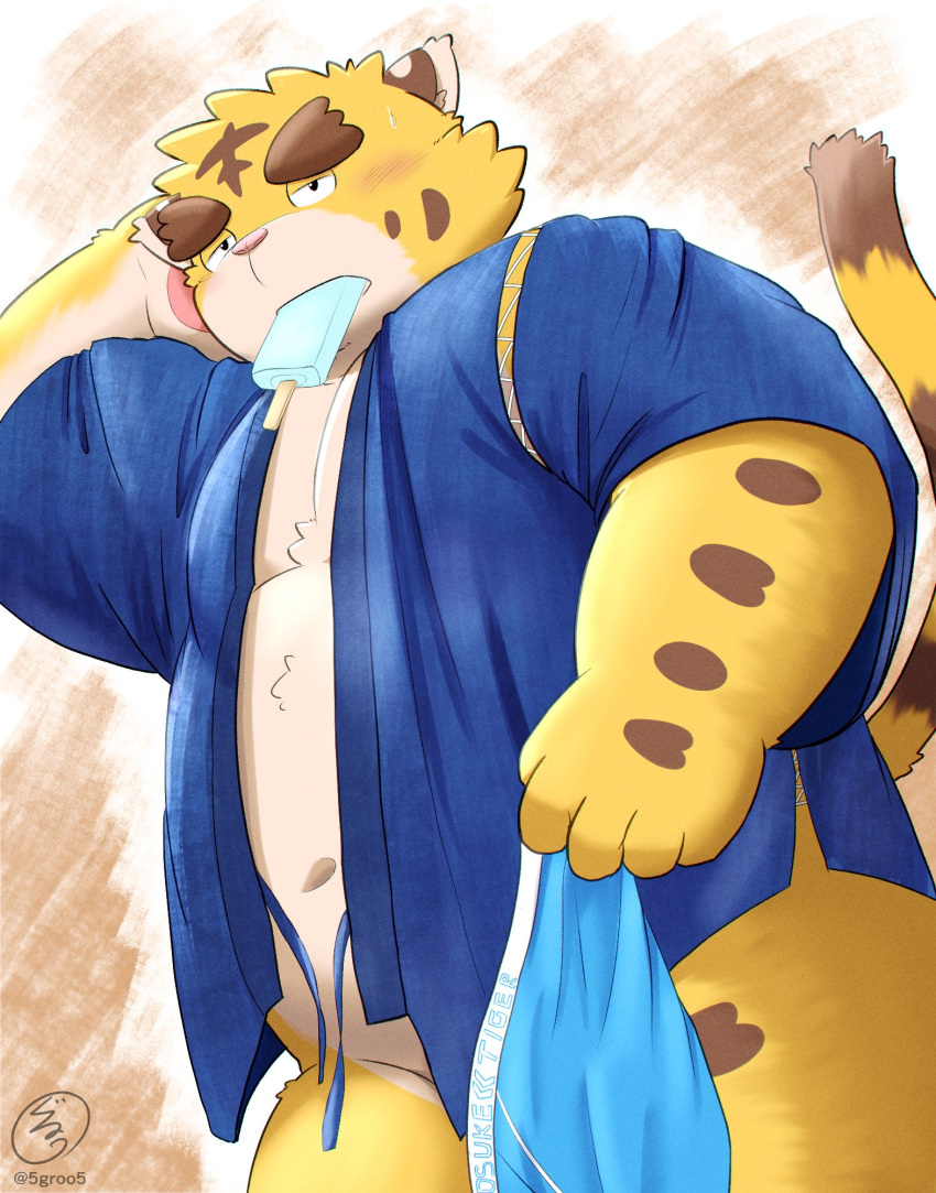 2022 5groo5 anthro belly blush clothing eating felid food hi_res humanoid_hands jinbei_(clothing) kemono male mammal navel overweight overweight_male pantherine popsicle solo tiger underwear