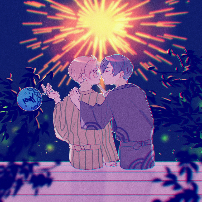 2boys aerial_fireworks black_hair brown_hair fireworks glasses hand_fan hand_on_another's_shoulder highres imminent_kiss index_finger_raised japanese_clothes jinnai_enta kimono kuji_toi looking_at_another multiple_boys night outdoors qi_yushi sarazanmai short_hair sitting summer_festival yaoi