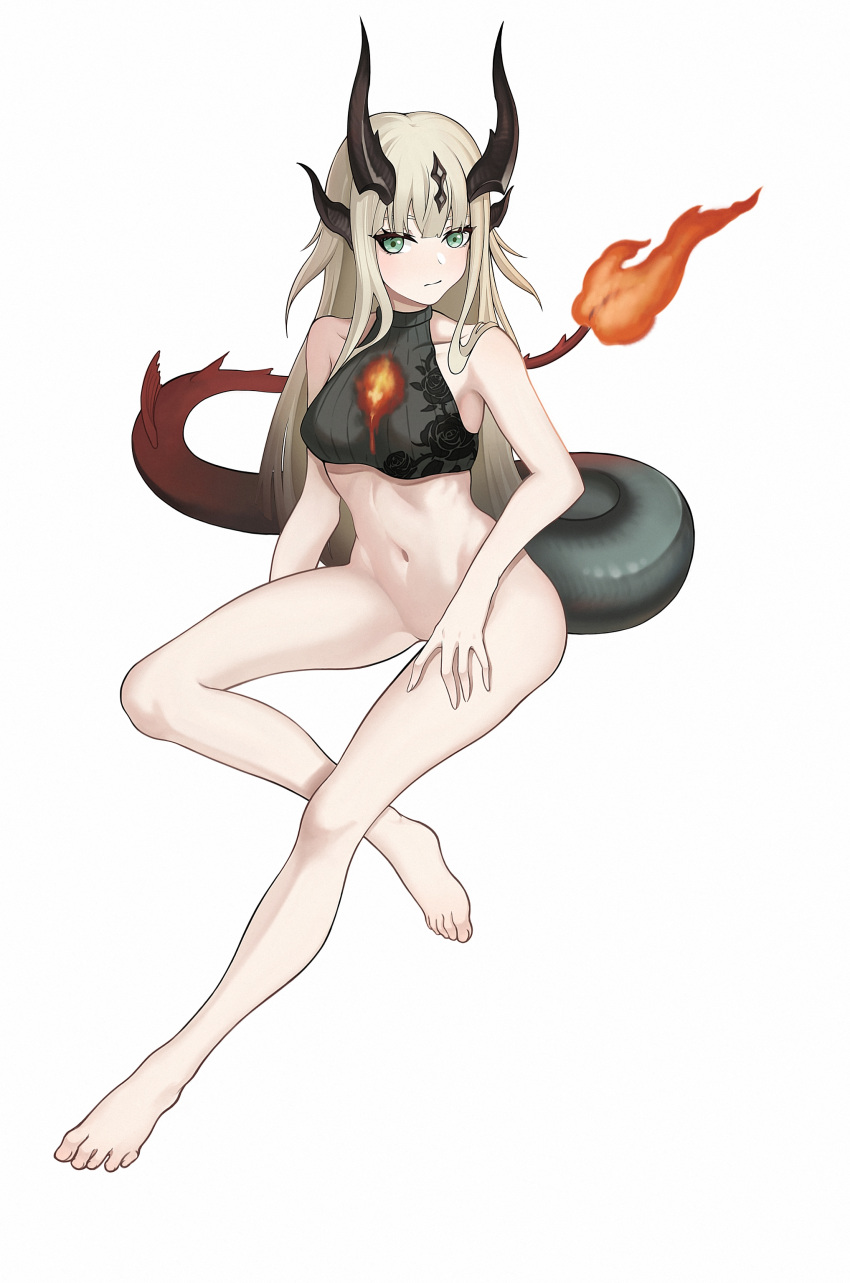 1girl absurdres arknights bare_shoulders black_bra blonde_hair blush bottomless bra collarbone convenient_hand dragon_girl dragon_horns dragon_tail flame-tipped_tail green_eyes hair_ornament highres horns invisible_chair long_hair looking_at_viewer navel reed_(arknights) ribbed_bra simple_background sitting solo tail underwear user_fdkc7273 white_background