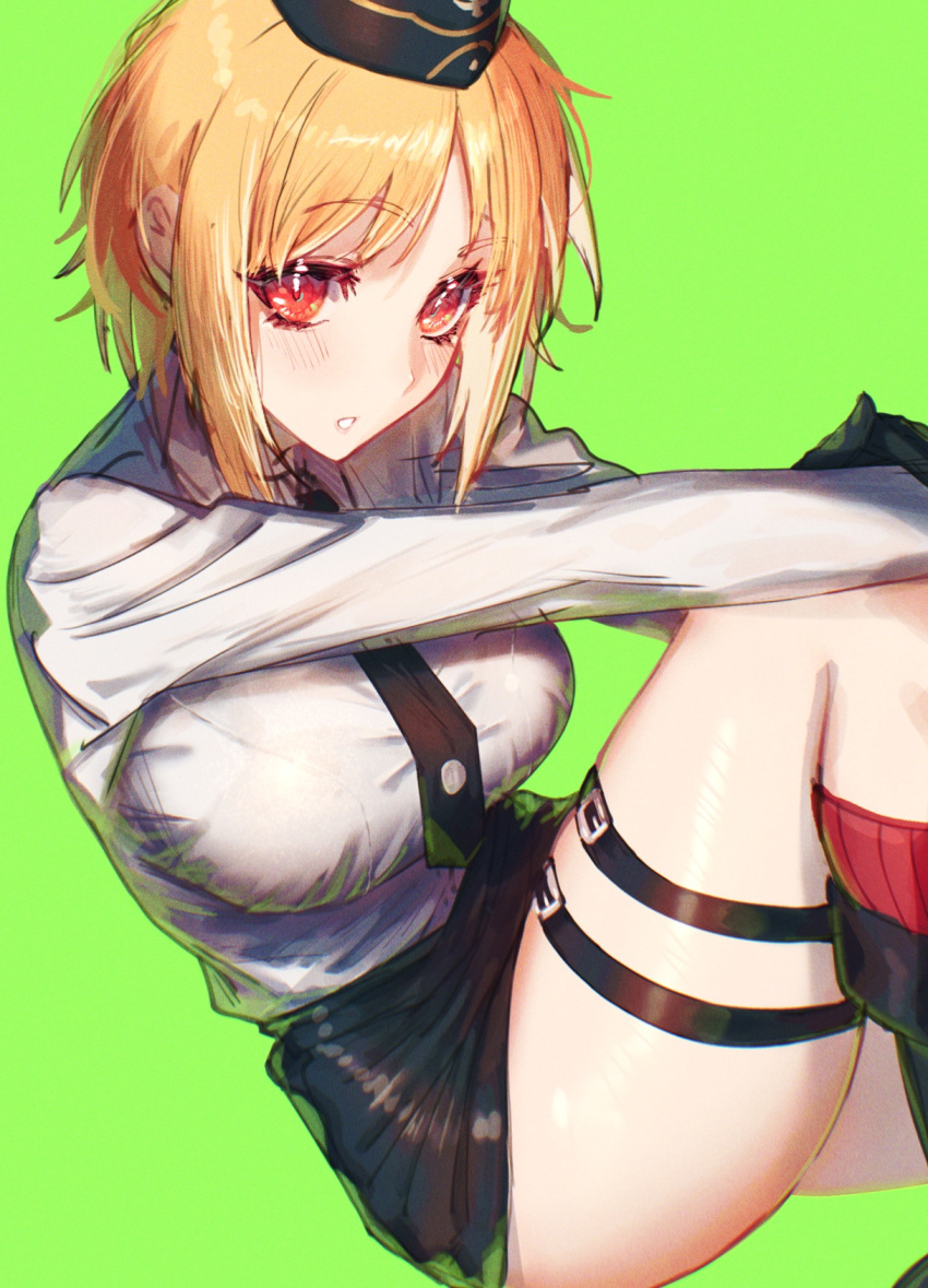 1girl :o black_footwear black_gloves black_headwear black_skirt blonde_hair breasts collared_shirt girls'_frontline gloves hand_on_own_knee hat highres impossible_clothes knee_up large_breasts long_sleeves looking_at_viewer military_hat mp40_(girls'_frontline) murechika necktie pencil_skirt red_eyes shirt short_hair simple_background sitting skirt socks solo thigh_strap thighs white_shirt
