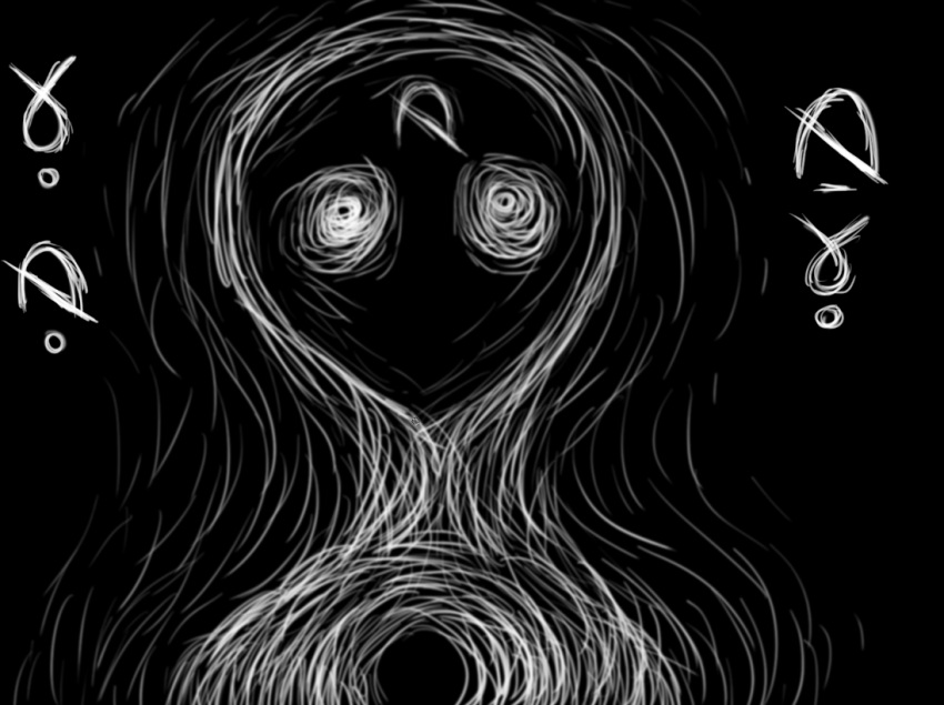 abstract_art ambiguous_gender anxiety black_background body_writing cosmic_horror darkness digital_drawing_(artwork) digital_media_(artwork) eldritch_abomination eldritch_horror empty_eyes entity horror_(theme) humanoid icon monster n_(nboicz) neography partially_translated runes script simple_background sketchy solo text translation_request