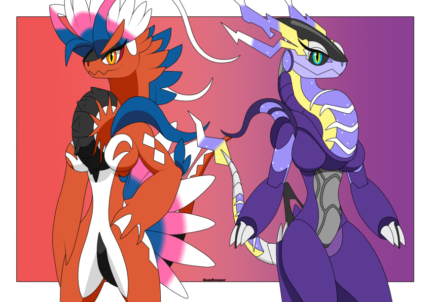 anthro breasts clothing dragon duo female hi_res koraidon legendary_pok&eacute;mon legwear looking_at_viewer miraidon nintendo pok&eacute;mon pok&eacute;mon_(species) pok&eacute;morph purple_body red_body samrunner thick_thighs thigh_highs video_games