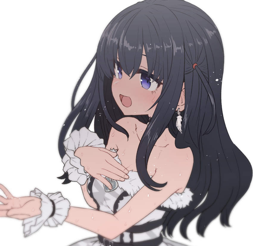 1girl :d bare_shoulders belt black_belt black_hair blush breasts cleavage dress earrings feather_earrings feathers hand_on_own_chest idol idoly_pride jewelry kasukabe_tsumugi long_hair nagase_mana purple_eyes simple_background smile solo strapless strapless_dress sumiyao_(amam) two_side_up upper_body white_background white_dress wristband yuri_sakazaki