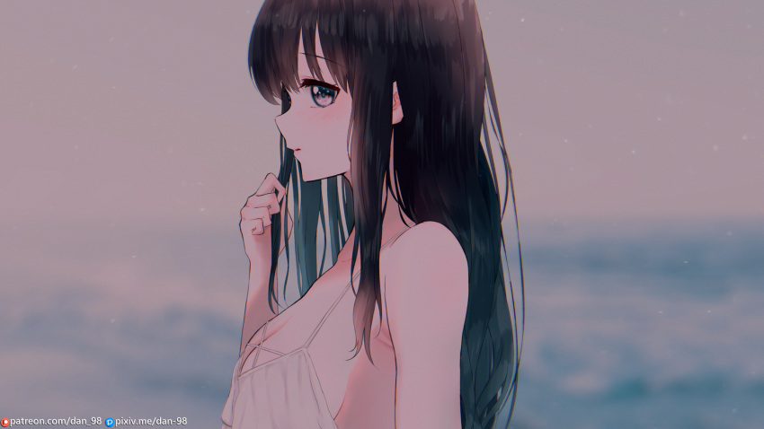 1girl bare_shoulders bikini black_hair blue_hair blurry blurry_background blush breasts cleavage closed_mouth dan-98 depth_of_field from_side gradient_hair highres inoue_takina long_hair looking_at_viewer looking_to_the_side lycoris_recoil medium_breasts multicolored_hair profile purple_eyes sideways_glance solo swimsuit upper_body white_bikini