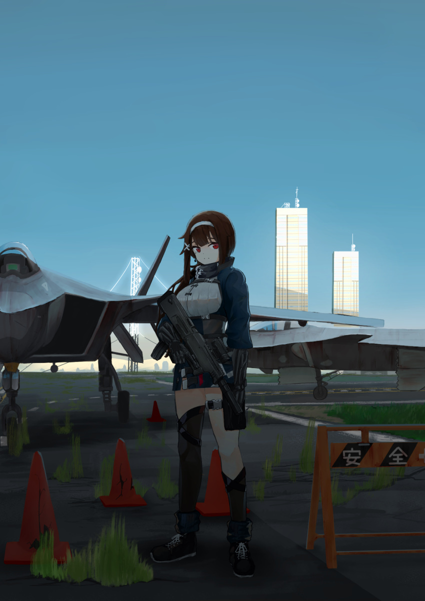 1girl aircraft airplane bangs blue_jacket blue_sky breasts brown_hair building fighter_jet full_body girls'_frontline gun hair_between_eyes hairband hanabusaraleigh highres holding holding_gun holding_weapon j-20 jacket jet js_9_(girls'_frontline) js_9_mm long_hair looking_at_viewer mechanical_arms military military_vehicle mole mole_under_eye outdoors red_eyes sidelocks skirt sky solo standing weapon white_hairband