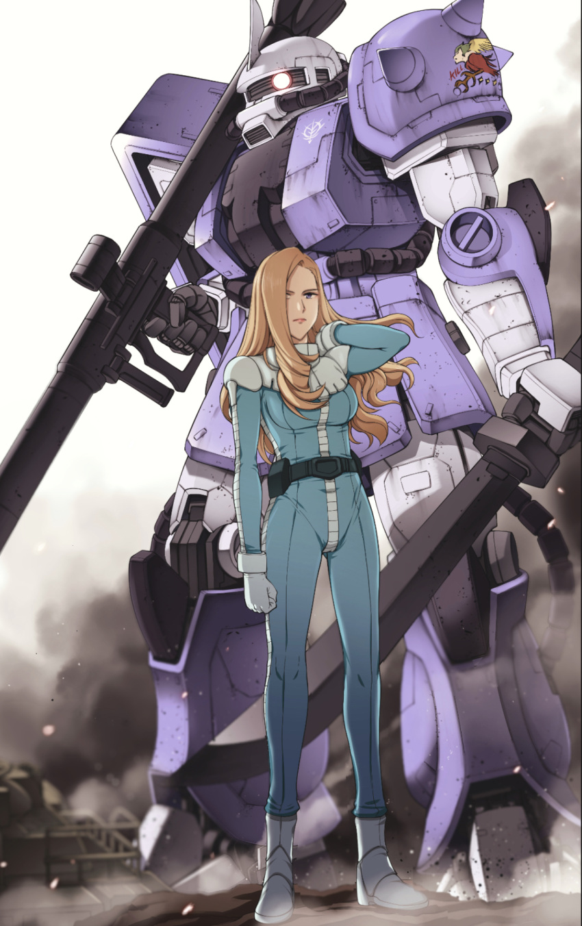 1girl after_battle bazooka_(gundam) belt blonde_hair boots breasts emblem full_body glowing glowing_eye gundam gundam_battle_operation gundam_battle_operation_code_fairy headwear_removed helmet helmet_removed highres killy_garrett medium_breasts mobile_suit_gundam one_eye_covered pilot_suit smoke sword takagi_shuei weapon zaku_ii zaku_ii_f/j