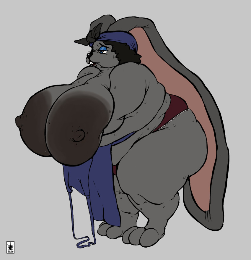 anthro apron areola big_areola big_breasts bk_sat(artist) bodily_fluids breasts buckteeth clothing female fur grey_body grey_fur half-closed_eyes hi_res huge_areola huge_breasts lagomorph leporid long_ears mama_rabbit_(tmftw) mammal mature_anthro mature_female narrowed_eyes nipples overweight overweight_anthro overweight_female panties rabbit sagging_breasts sweat teeth the_man_from_the_window underwear zed_technician_games