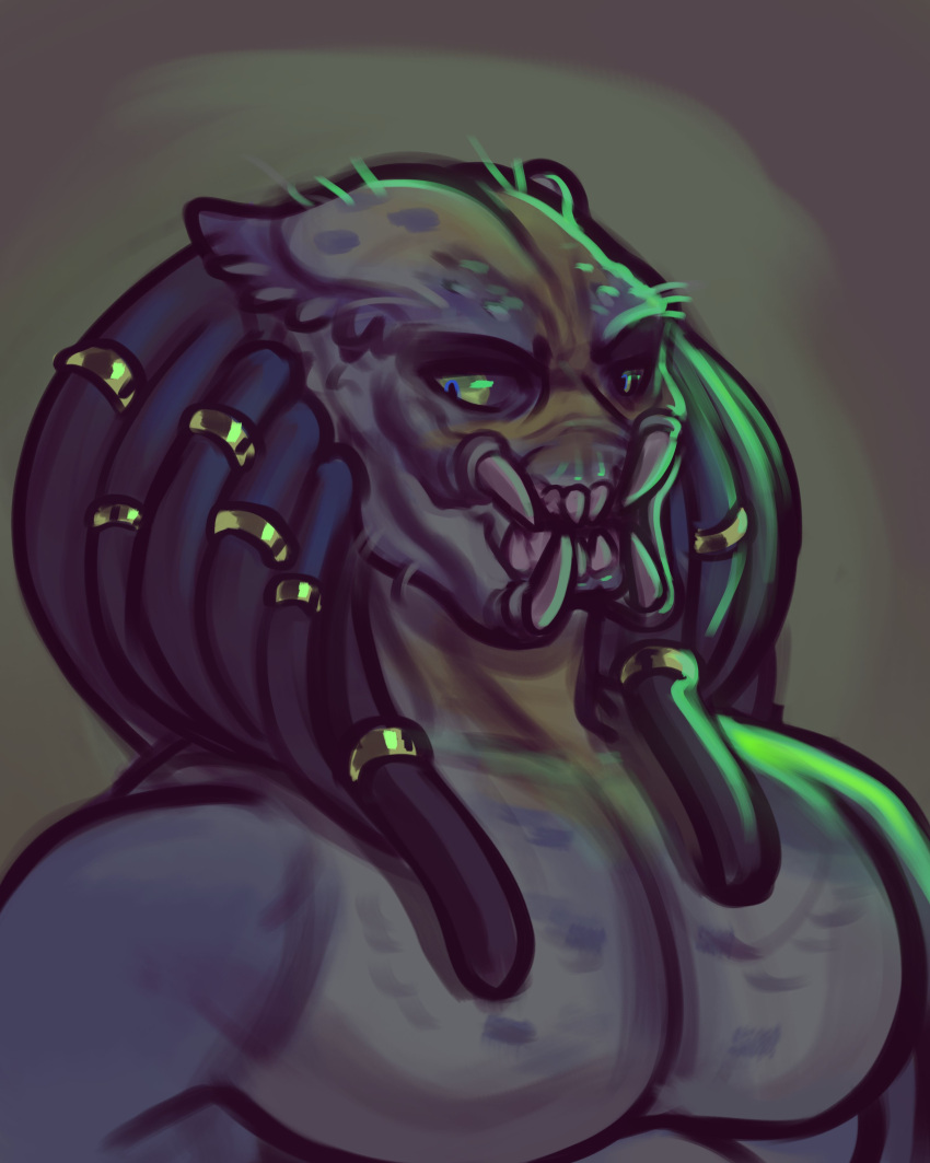 absurd_res accessory anthro black_hair black_sclera diadorin dreadlocks gold_hair_ornament green_background green_body green_skin hair hair_accessory hair_ring half-closed_eyes hi_res male mandibles muscle_tone muscular muscular_anthro muscular_male narrowed_eyes pecs predator_(franchise) sharp_teeth simple_background solo teeth yautja