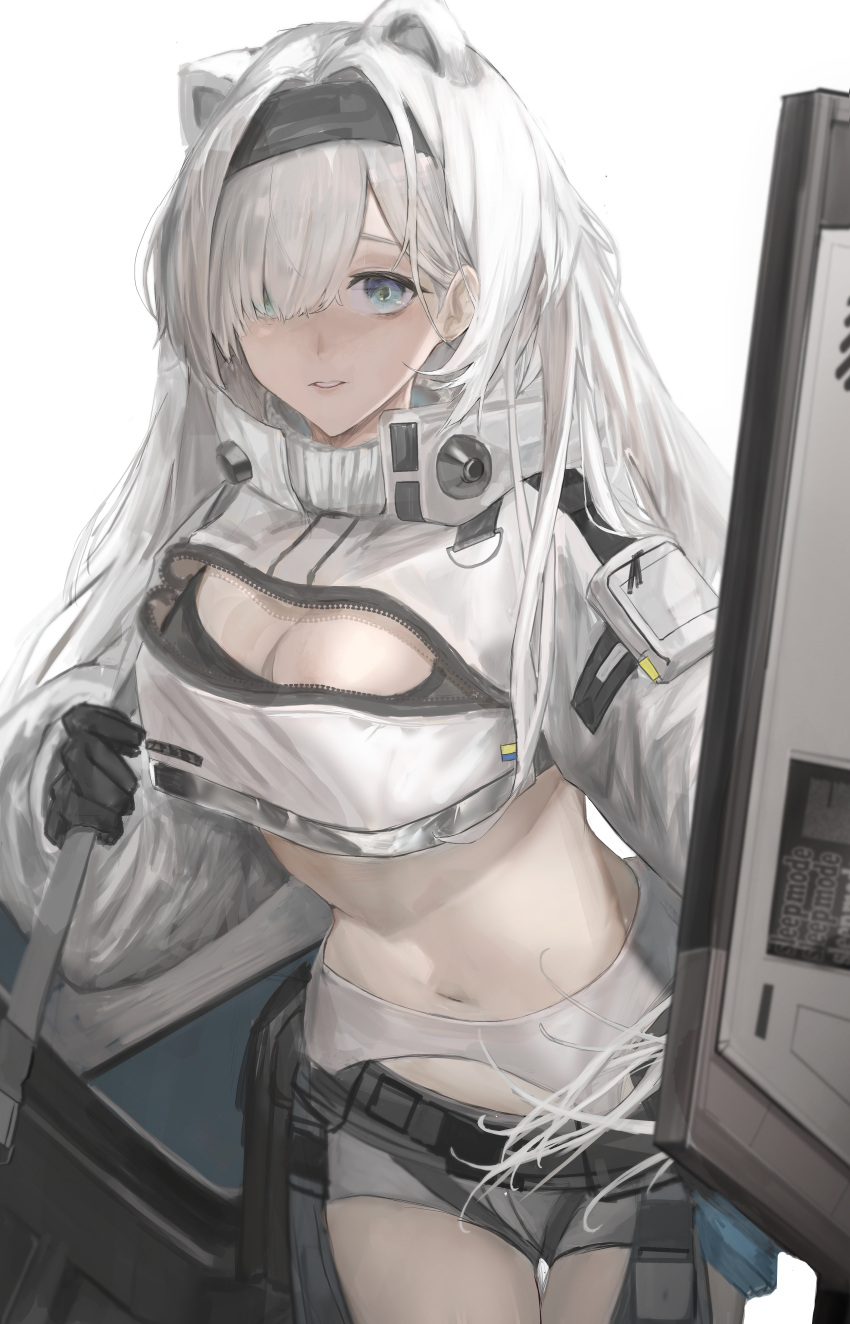 1girl absurdres arknights aurora_(arknights) bag bear belt black_gloves black_hairband blue_eyes breasts cleavage cowboy_shot crop_top extra_ears gloves grey_shorts hair_over_one_eye hairband highres holding holding_shield large_breasts long_hair long_sleeves looking_at_viewer navel okayannosuke parted_lips puffy_long_sleeves puffy_sleeves shield short_shorts shorts shoulder_bag simple_background solo stomach thigh_gap unzipped white_background white_gloves