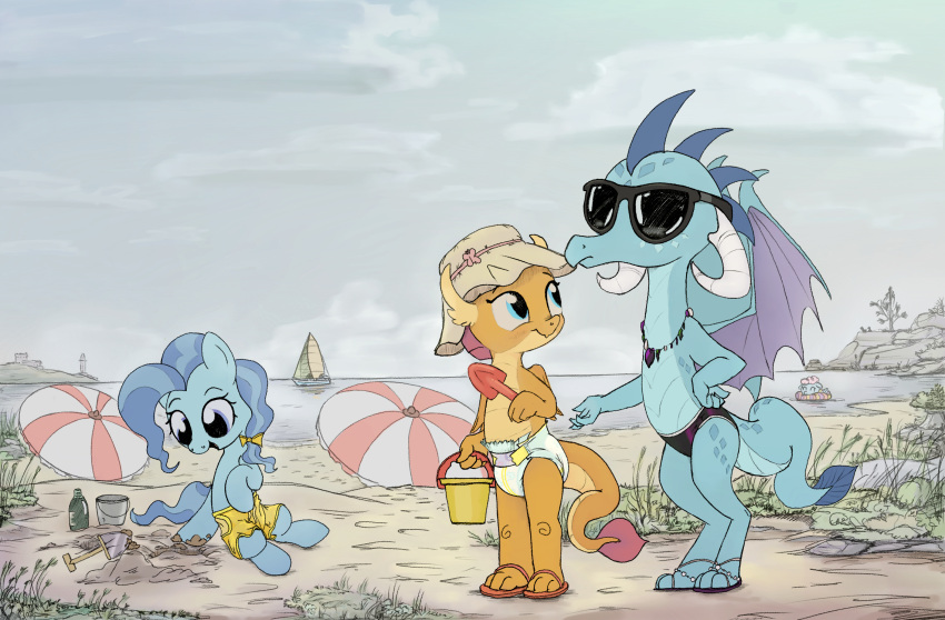 asdfasfasda beach boat clothing cloud diaper digging dragon equid equine eyewear female footwear friendship_is_magic group hi_res horse landscape mammal my_little_pony petunia_petals_(mlp) pony princess_ember_(mlp) sandals seaside sitting smolder_(mlp) standing sunglasses swimming swimwear vehicle watercraft