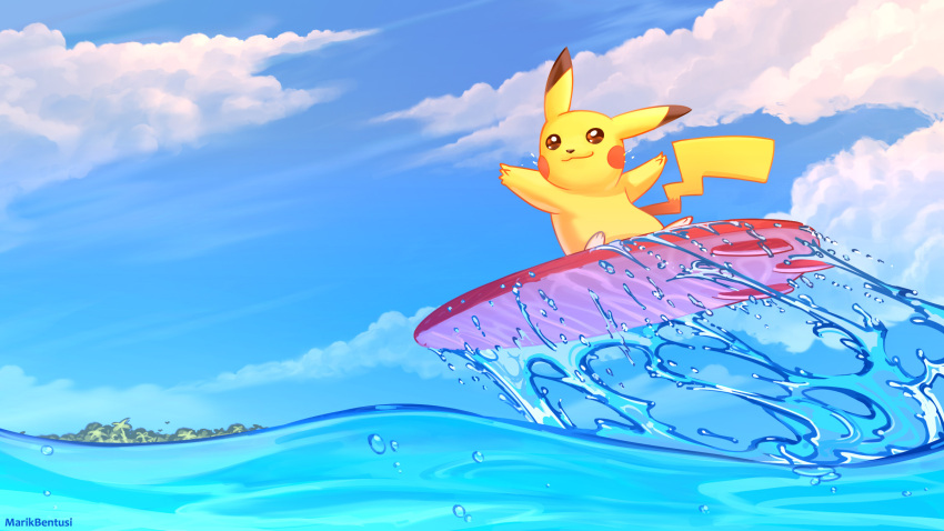 2022 ambiguous_gender cloud day generation_i_pokemon hi_res island marikbentusi nintendo pikachu pok&eacute;mon semi-anthro signature sky smile solo surfboard surfing video_games water yellow_body