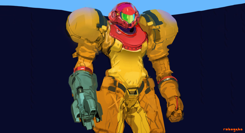 1girl arm_cannon artist_name clenched_hand concept_art english_commentary helmet looking_ahead metroid power_armor redesign robogabo samus_aran science_fiction sketch solo varia_suit weapon