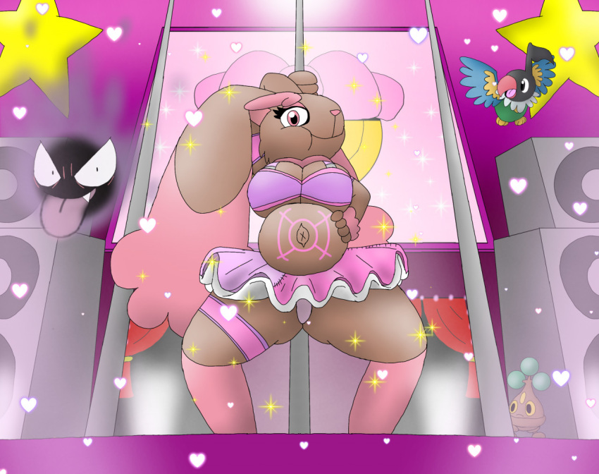 &lt;3 alpha_pok&eacute;mon ambiguous_gender anthro armband belly big_brachioradialis bonsly bottomwear bra butt_from_the_front chatot chubby_cheeks clothing curtains dancewear dancing dewlap_(anatomy) doorway female feral gastly generation_i_pokemon group hand_on_stomach legband looking_at_viewer lopunny monterrioashmore navel nintendo panties pok&eacute;mon pok&eacute;mon_(species) pok&eacute;morph pokemon_contest pole pole_dancing screen shiny_pok&eacute;mon skirt slightly_chubby smile sparkles speaker star thick_thighs tongue tongue_out tootsie_pop_the_shiny_alpha_lopunny tutu underwear upskirt video_games