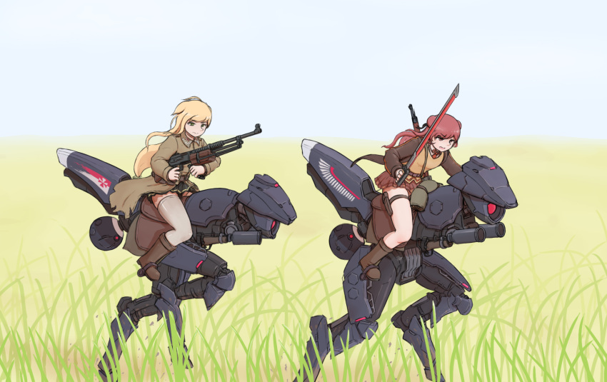 2girls alternate_costume awsaedmd blonde_hair breasts brown_footwear clear_sky closed_mouth double_bun dragoon_(girls'_frontline) english_commentary girls'_frontline grass green_eyes gun hair_bun highres holding holding_sword holding_weapon large_breasts long_hair long_sleeves looking_ahead m1918_(girls'_frontline) m1918_bar machine_gun multiple_girls open_mouth outdoors pink_hair pleated_skirt riding riding_machine rifle robot skirt sky sword weapon wz.29 wz.29_(girls'_frontline)