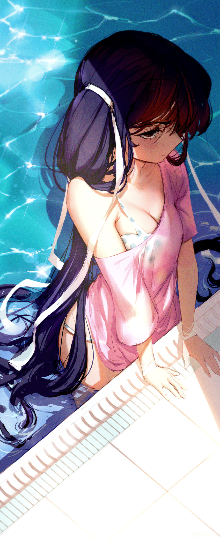 1girl absurdres bikini blush breasts cleavage english_commentary fingernails from_above hair_over_one_eye hair_ribbon highres jill_stingray long_hair medium_breasts off_shoulder partially_submerged pink_shirt polka_dot polka_dot_bikini pool poolside puk_(puk_2020) purple_hair red_eyes ribbon shirt solo spaghetti_strap swimsuit t-shirt twintails va-11_hall-a va-11_hall-a_swimsuit_competition very_long_hair wading water