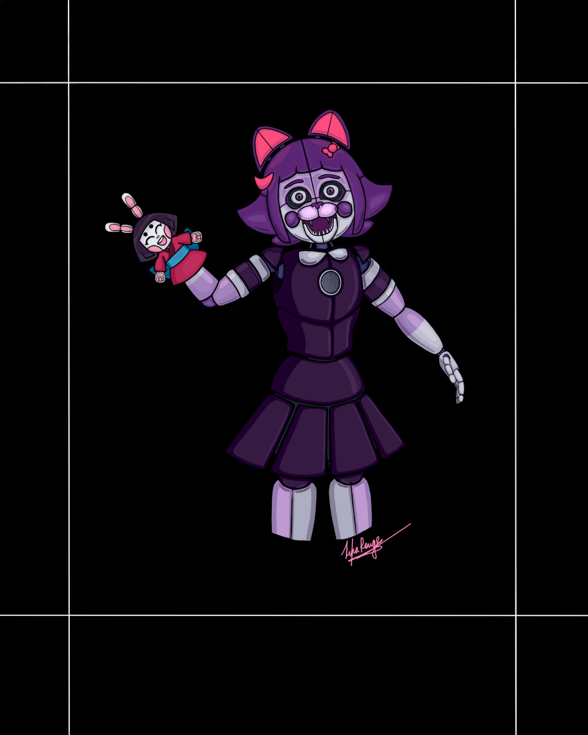 2022 absurd_res accessory animatronic black_clothing black_dress bow_ribbon clothed clothing domestic_cat dress fangs felid feline felis female five_nights_at_freddy's gloves_(marking) hair hair_accessory hair_bow hair_ribbon hand_puppet hi_res kiralion looking_at_viewer machine mammal markings masyunya_(vkontakte) open_mouth open_smile puppet purple_cheeks purple_eyes purple_hair purple_nose ribbons robot scottgames signature simple_background smile solo teeth usagichi_(vkontakte) video_games vkontakte