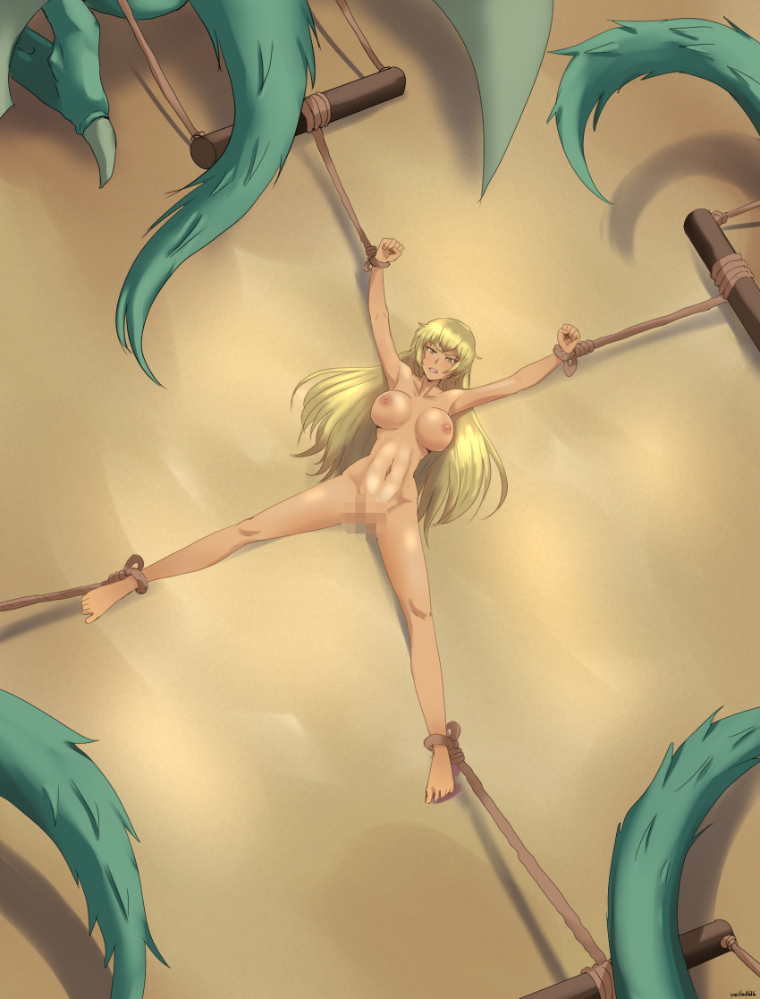 abs arms_tied big_breasts blonde_hair bound breasts censored digital_media_(artwork) dragon duo execution female fire_emblem green_body green_scales hair hi_res huge_breasts human igrene_(fire_emblem) legs_tied male male/female mammal membrane_(anatomy) membranous_wings mosaic_censorship navel nintendo nude scales scalie tan_body tan_skin veiled616 video_games wings wyvern yellow_eyes