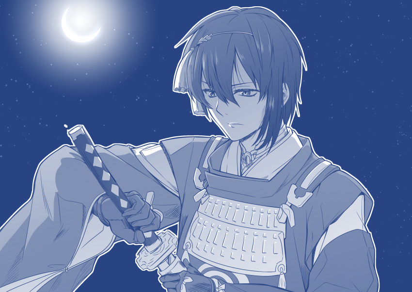 1boy absurdres crescent_moon eyebrows_hidden_by_hair gloves greyscale hair_between_eyes highres japanese_clothes kaneko_naoya kariginu katana male_focus mikazuki_munechika monochrome moon night night_sky sheath sheathed sky solo sword touken_ranbu upper_body weapon