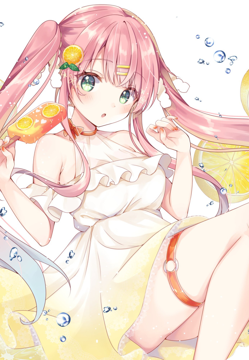 1girl :o bare_arms bare_shoulders blush breasts cleavage dress fingernails food food-themed_hair_ornament fruit_hair_ornament gomano_rio gradient_dress gradient_hair green_eyes hair_ornament hairclip highres long_hair looking_at_viewer medium_breasts multicolored_hair nipple_piercing open_mouth orange_hair_ornament original piercing pink_hair popsicle see-through see-through_dress solo thigh_strap twintails underbust w_arms white_dress yellow_dress