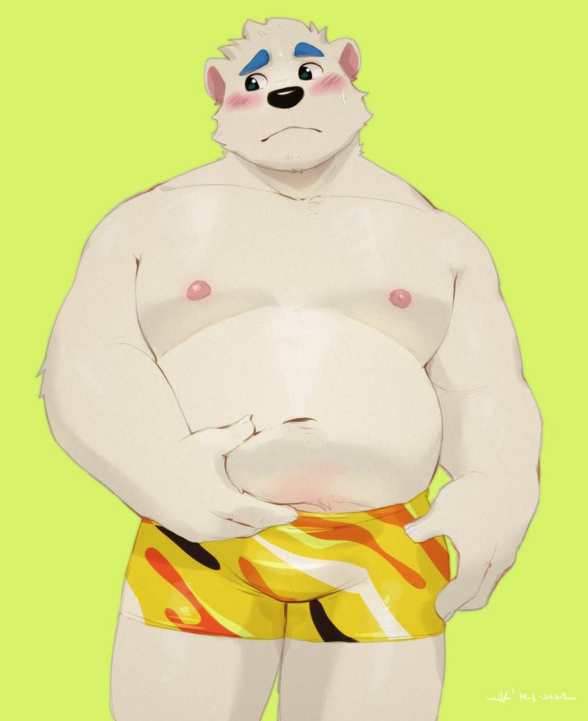 2022 anthro belly blush bulge clothing green_background hi_res humanoid_hands kemono male mammal merfiller moobs navel nipples overweight overweight_male simple_background solo underwear ursid