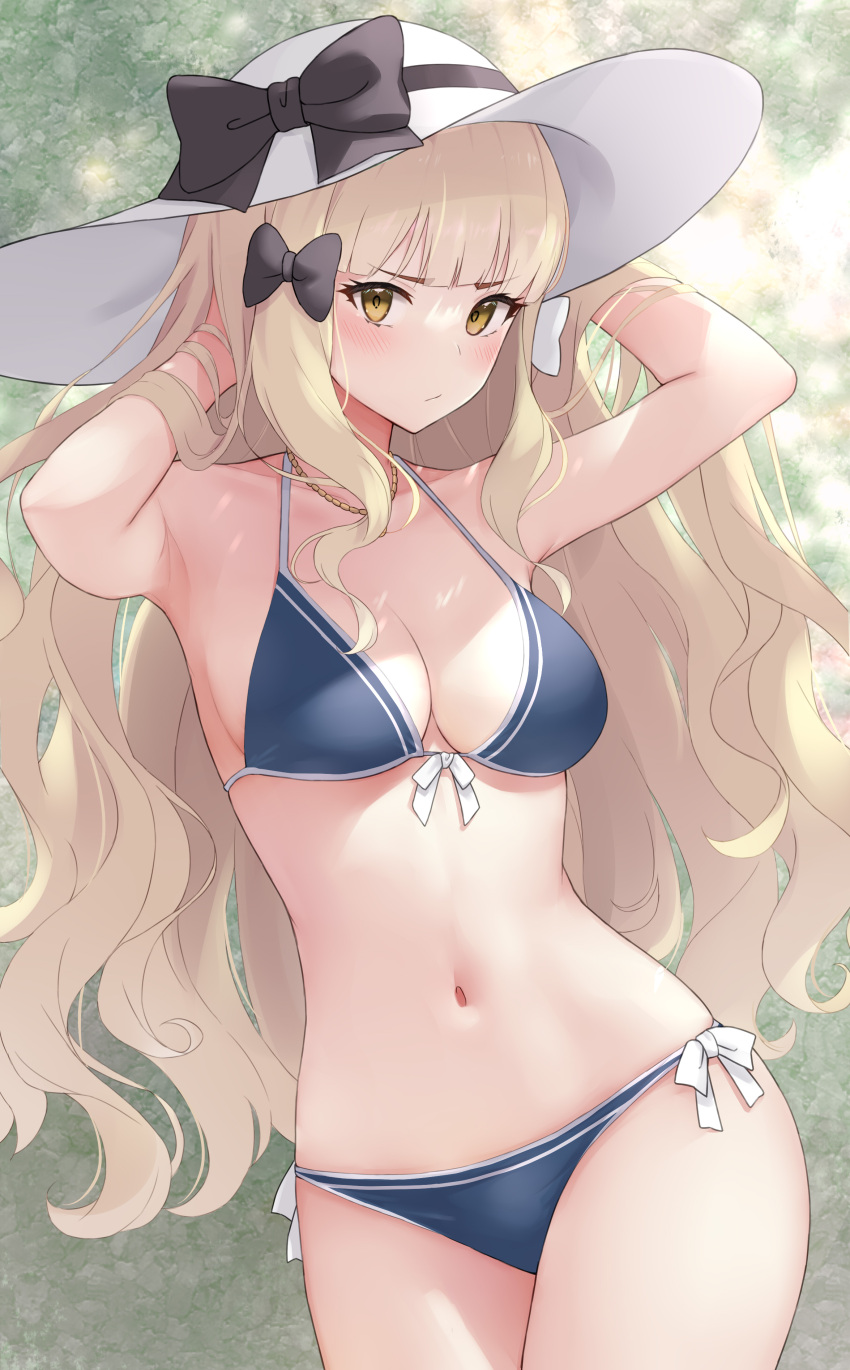 1girl absurdres armpits arms_behind_head bangs bikini black_bow blonde_hair blue_bikini blunt_bangs blush bow breasts closed_mouth collarbone cowboy_shot hair_bow halterneck hat highres jewelry long_hair looking_at_viewer medium_breasts navel necklace outdoors princess_connect! revision ribbon saren_(princess_connect!) saren_(real)_(princess_connect!) shade side-tie_bikini sidelocks signature sixteenpo skindentation solo string_bikini sun_hat swimsuit very_long_hair white_bow white_headwear white_ribbon yellow_eyes