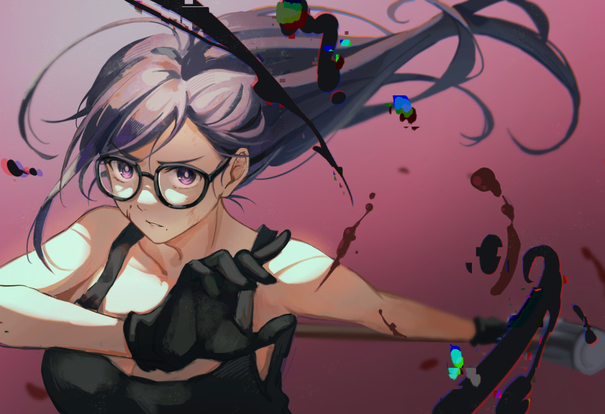 1girl absurdres bare_arms bare_shoulders black-framed_eyewear black_gloves black_tank_top blood blood_on_face breasts bright_pupils chinese_commentary commentary_request floating_hair glasses glitch gloves hammer highres holding holding_weapon large_breasts long_hair looking_at_viewer minakata_hizuru mole mole_under_mouth pink_background purple_eyes purple_hair simple_background sledgehammer solo summertime_render tank_top upper_body weapon white_pupils xiaomei36549