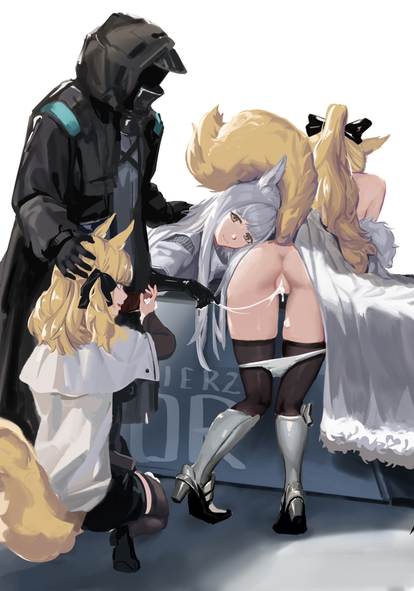 1boy 2girls absurdres animal_ears arknights bent_over blemishine_(arknights) caijidayisheng cum cumdrip doctor_(arknights) ffm_threesome group_sex hair_ornament hand_on_another's_head handjob highres horse_ears horse_girl horse_tail kneeling multiple_girls partially_undressed platinum_(arknights) ponytail tail thighhighs threesome whislash_(arknights)