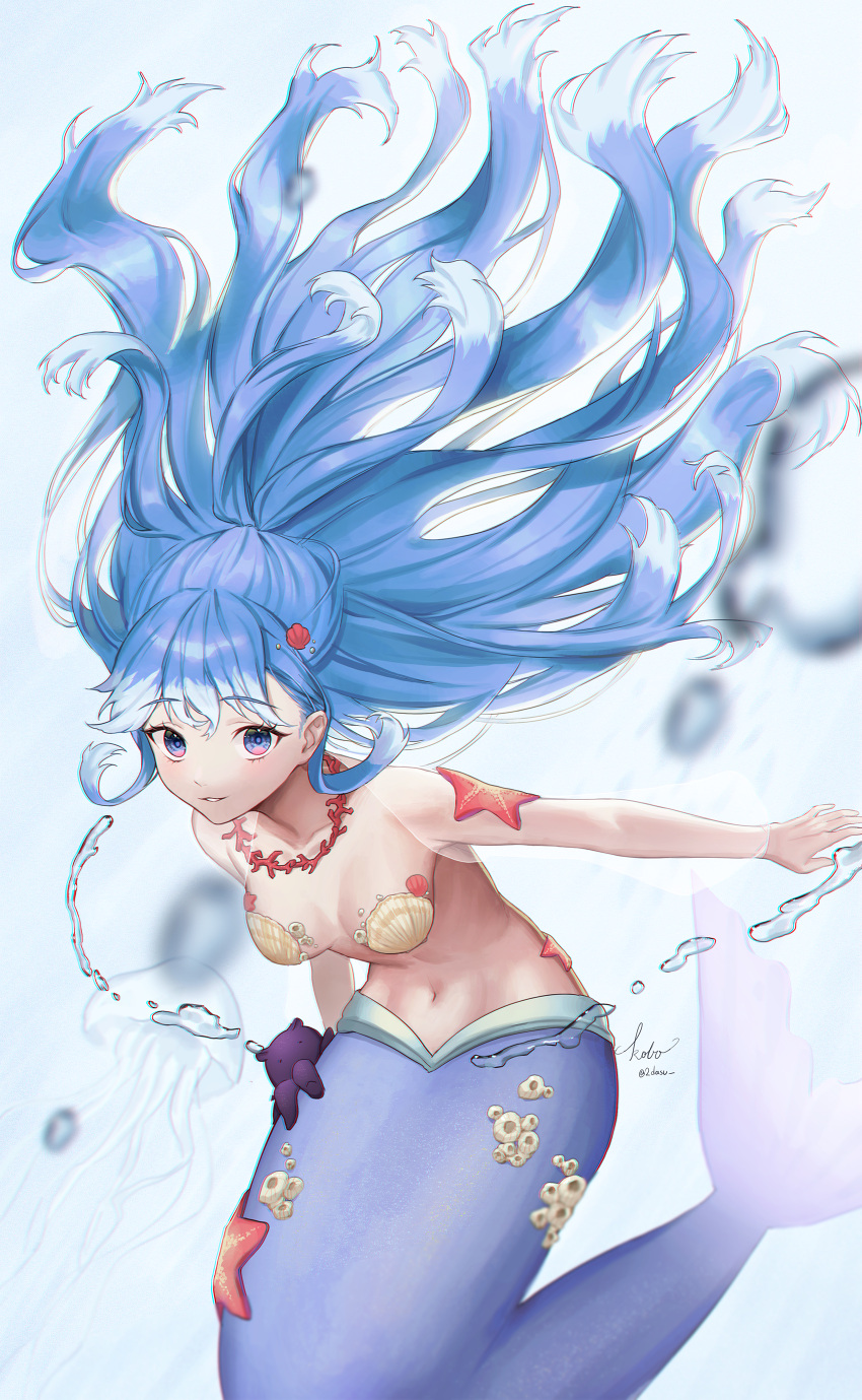 1girl absurdres alternate_costume arched_back bare_shoulders blue_eyes breasts breasts_apart bubble clam_shell collarbone colored_tips coral grin hair_behind_ear highres hololive hololive_indonesia hyun9164 kobo_kanaeru liquid_hair long_hair looking_at_viewer mermaid monster_girl multicolored_hair navel shell shell_bikini sidelocks simple_background smile solo underwater very_long_hair virtual_youtuber wavy_hair