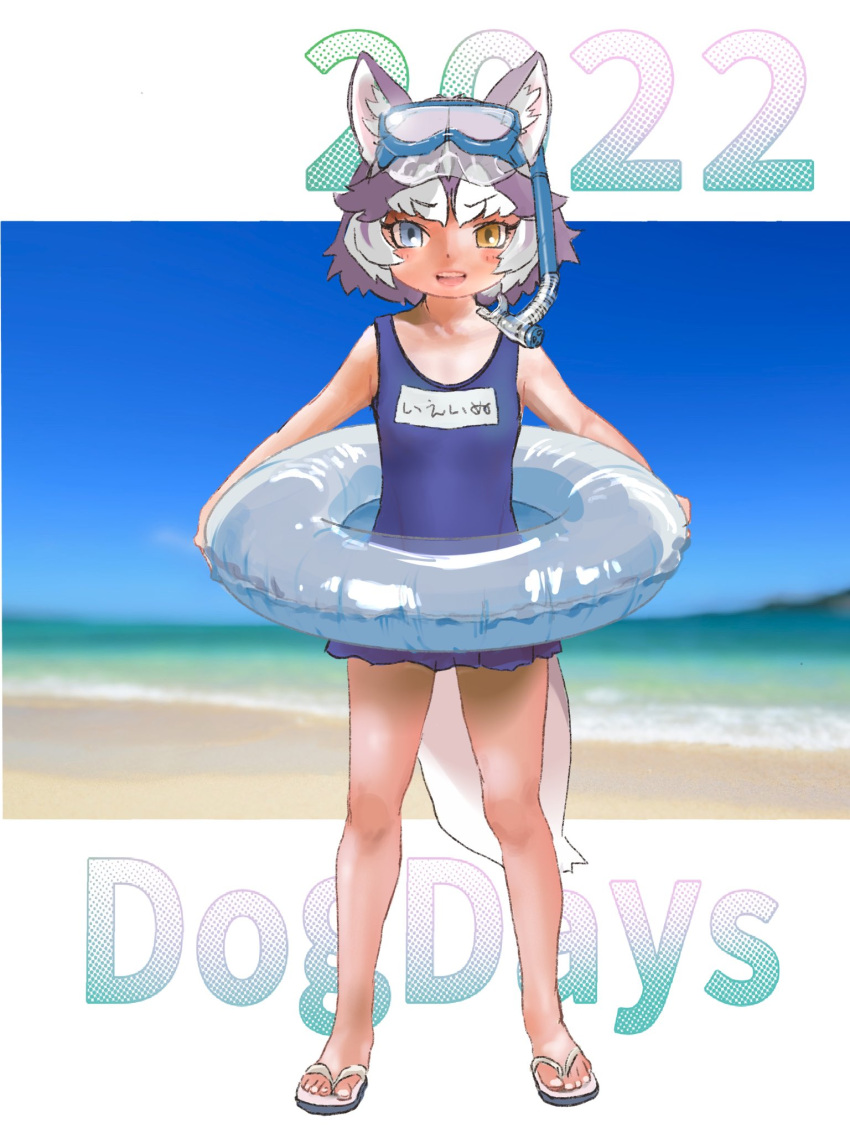 1girl alternate_costume animal_ears bare_legs bare_shoulders beach blue_eyes blue_swimsuit blush commentary_request dog_(mixed_breed)_(kemono_friends) dog_ears dog_girl dog_tail frilled_swimsuit frills full_body goggles goggles_on_head grey_hair heterochromia highres ieinu_account innertube kemono_friends looking_at_viewer multicolored_hair name_tag one-piece_swimsuit sandals short_hair snorkel solo swimsuit tail two-tone_hair white_hair yellow_eyes