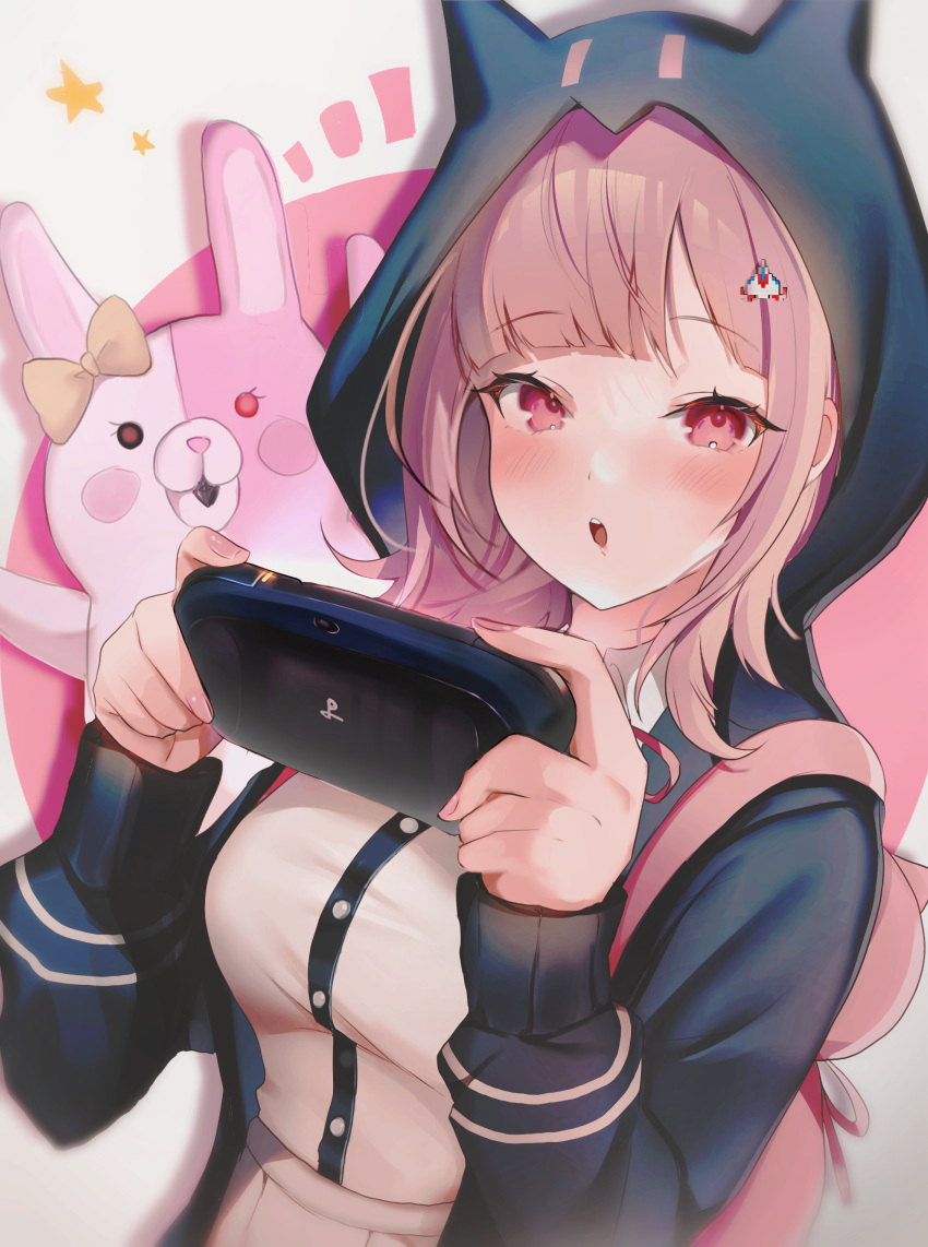 1girl :o absurdres animal_ears backpack bag bangs black_jacket blush blush_stickers breasts danganronpa_(series) danganronpa_2:_goodbye_despair dress_shirt ear_bow fake_animal_ears galaga hair_ornament handheld_game_console highres holding holding_handheld_game_console hood hood_up jacket large_breasts long_sleeves maru_ccy medium_hair monomi_(danganronpa) nanami_chiaki pink_background pink_bag pink_eyes shiny shiny_hair shirt shirt_tucked_in star_(symbol) teeth two-tone_shirt upper_teeth white_background white_shirt