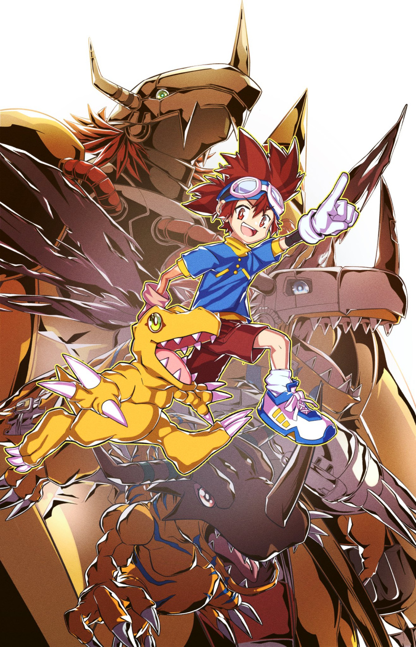 1boy agumon arm_up bangs blue_shirt brown_eyes brown_hair brown_shorts claws colored_skin digimon digimon_adventure gloves goggles goggles_on_head greymon highres horns kakashino_kakato long_hair metalgreymon open_mouth orange_skin sharp_teeth shirt shoes shorts socks teeth tongue translation_request wargreymon white_footwear white_gloves white_socks