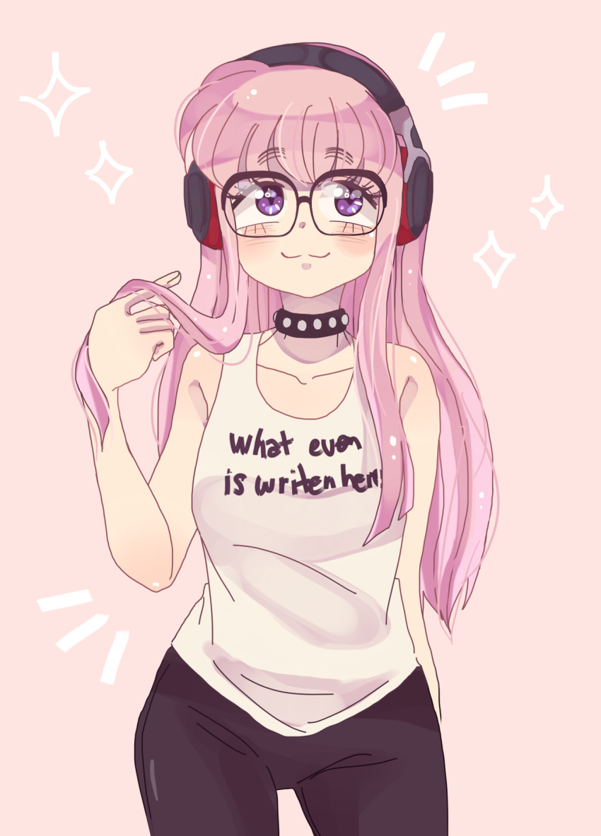 1girl :3 alternate_hair_color bangs blush_stickers clothes_writing collar glasses hair_twirling headphones highres leggings long_hair looking_up persona persona_5 pink_hair purple_eyes sakura_futaba solo sparkle studded_collar tank_top tenhimi