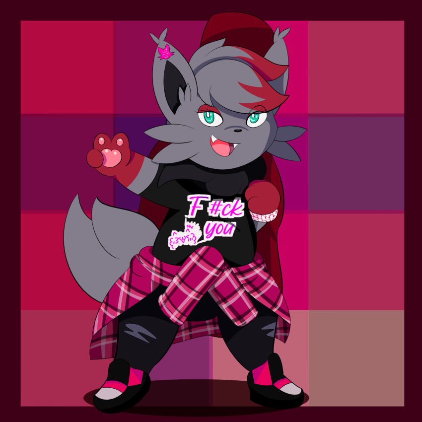 anthro black_body black_fur canid canine chillyspicky clothed clothing fangs female fur grey_body grey_fur happy hi_res mammal nintendo pok&eacute;mon pok&eacute;mon_(species) punk shaleen_(chillyspicky) solo video_games zorua