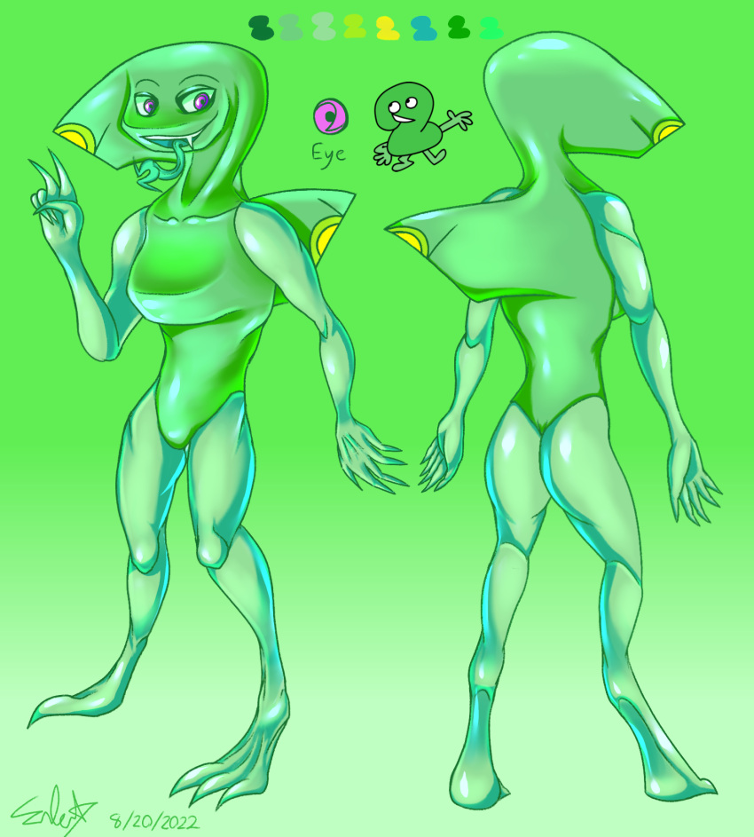 algebralien ambiguous_gender anthro battle_for_dream_island butt digitigrade erotical fin forked_tongue full-length_portrait glistening glistening_body green_body hi_res model_sheet nonbinary_(lore) object_shows portrait purple_eyes reptile scalie simple_background snake solo tongue two_(bfb)