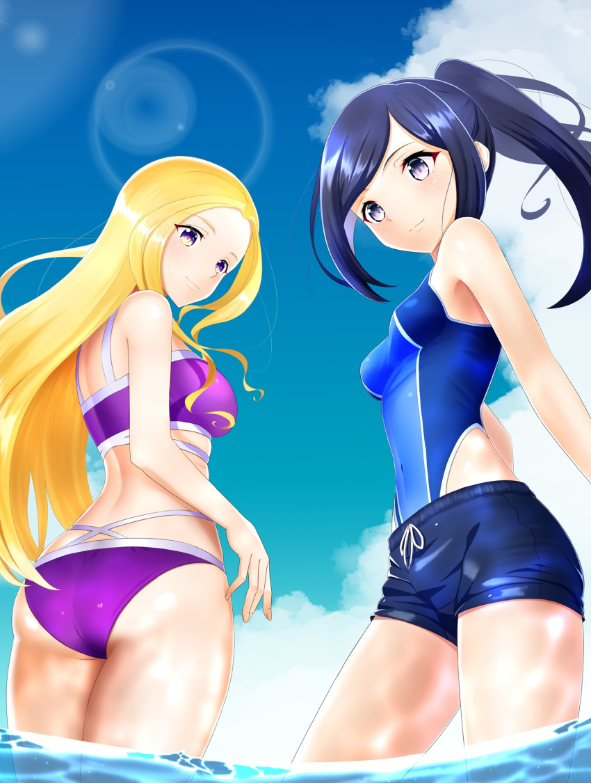 2girls alternate_costume ass back beach bikini black_hair blonde_hair blue_sky blue_swimsuit breasts brown_eyes cloud cloudy_sky competition_swimsuit cowboy_shot day from_below fuurin_asumi healin'_good_precure highres long_hair looking_at_viewer looking_down medium_breasts multiple_girls ocean on_kazu one-piece_swimsuit outdoors ponytail precure purple_bikini purple_eyes sawaizumi_chiyu shorts sky small_breasts smile solo sunlight swimsuit swimsuit_under_clothes two-tone_swimsuit water
