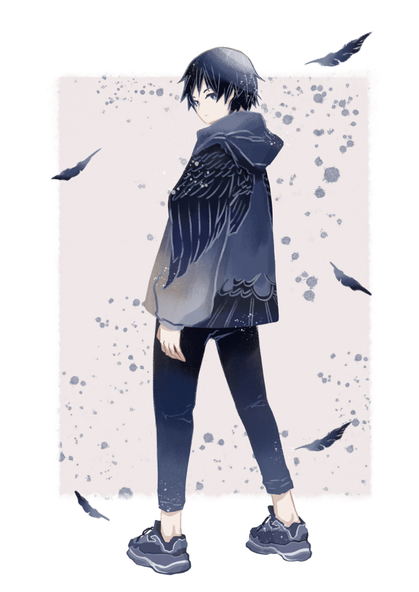 1boy bangs black_eyes black_hair falling_feathers from_behind frown highres hood hoodie isa_yuuri long_sleeves looking_at_viewer looking_back male_focus original shoes short_hair sneakers solo wing_print