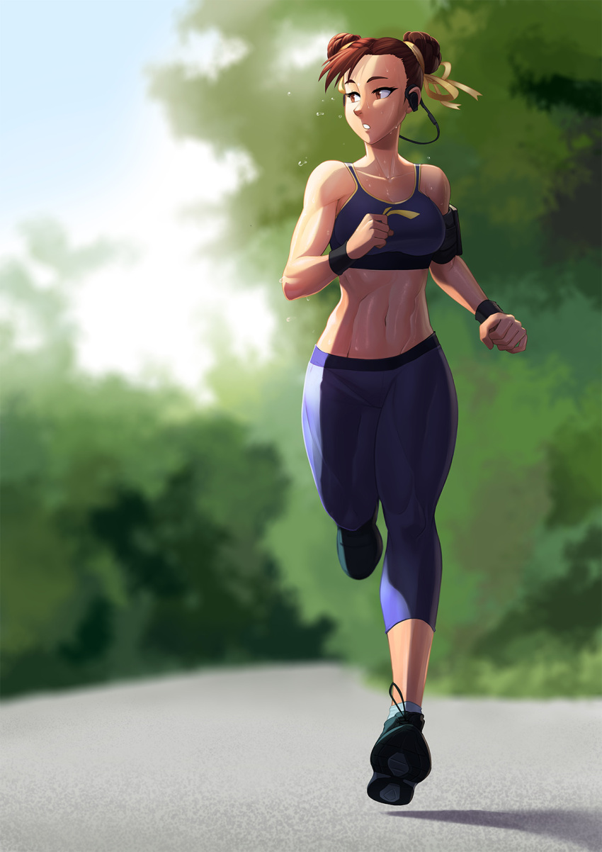 1girl abs arm_pouch blue_pants blue_sports_bra blurry blurry_background breasts brown_eyes brown_hair capri_pants chun-li dirty_ero double_bun earphones english_commentary full_body green_footwear hair_bun hair_ribbon highres jogging listening_to_music medium_breasts muscular muscular_female navel pants ribbon shoes short_hair sidelighting sneakers socks solo sports_bra street_fighter sweat thick_thighs thighs wireless_earphones wristband yoga_pants
