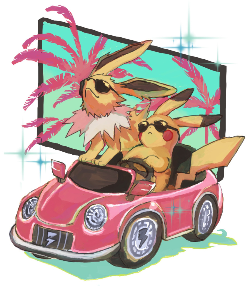 2022 ambiguous_gender car duo eeveelution eyewear feral fur generation_1_pokemon hi_res jolteon nintendo oisisabatugun palm_tree pikachu plant pok&eacute;mon pok&eacute;mon_(species) semi-anthro sitting sunglasses tree vehicle video_games yellow_body yellow_fur