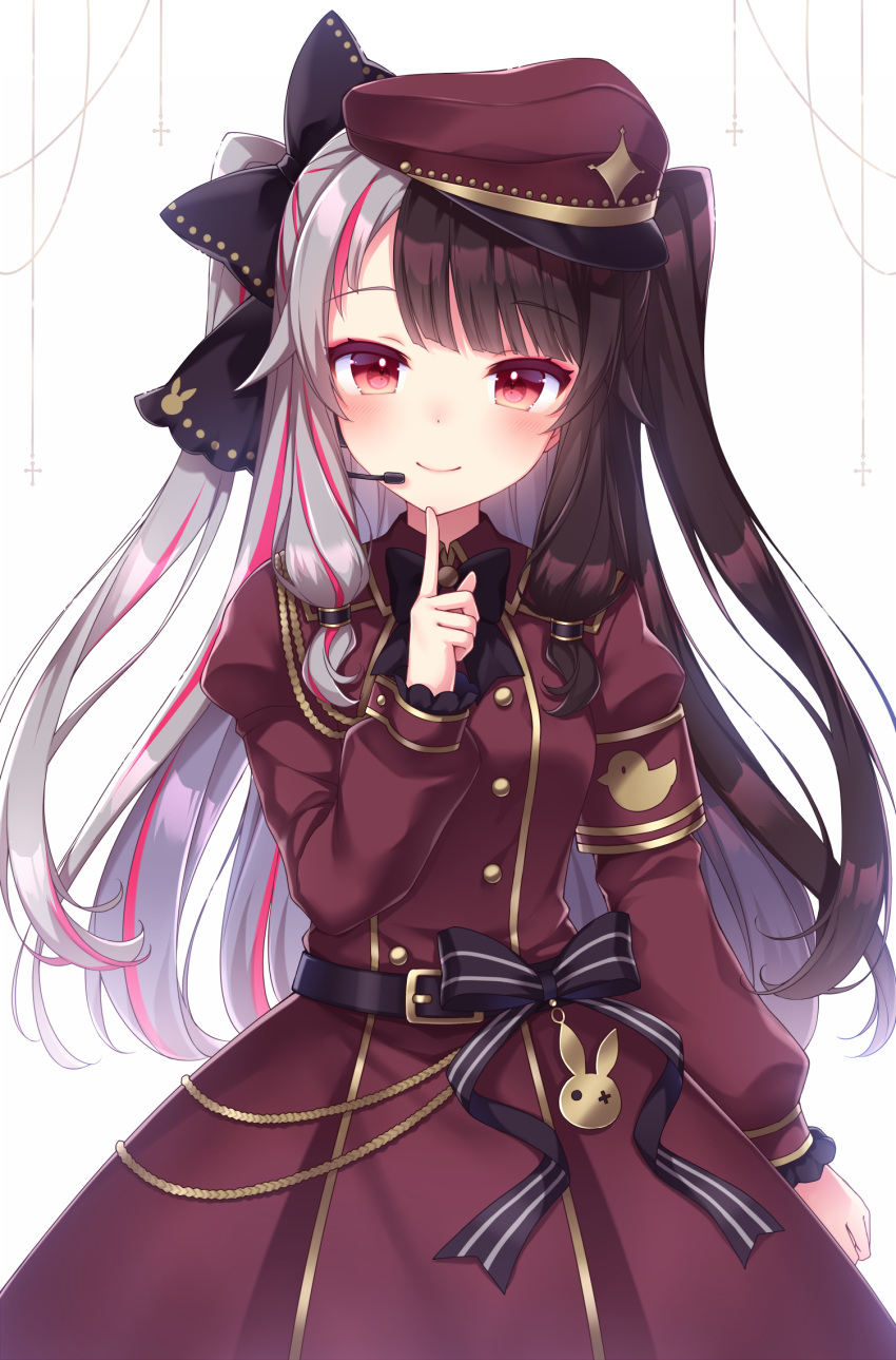 alternate_costume black_hair blush hat highres looking_at_viewer military military_hat military_uniform multicolored_hair nijisanji red_eyes sanotsuki simple_background smile twintails uniform virtual_youtuber white_background yorumi_rena