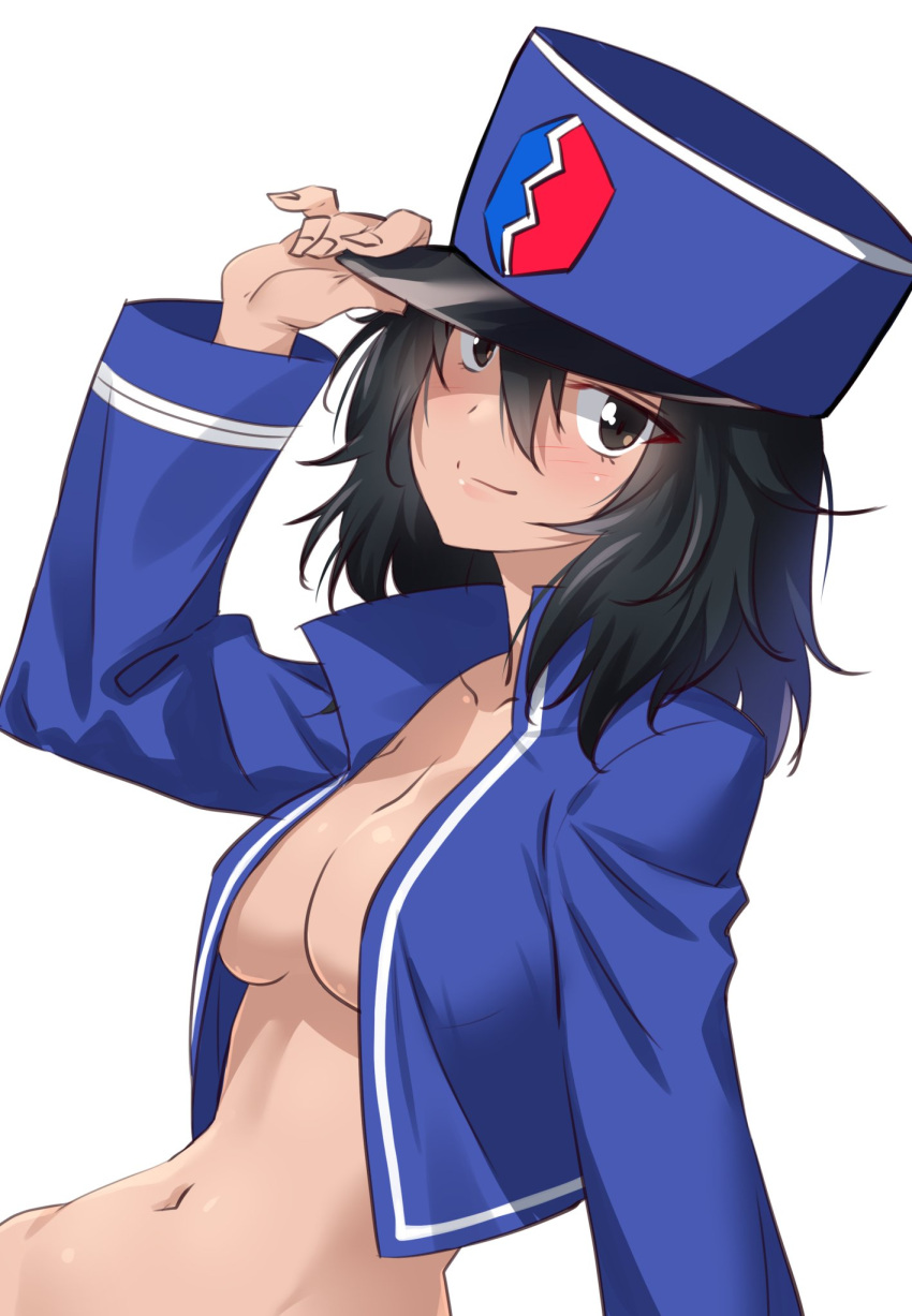 1girl adjusting_clothes adjusting_headwear andou_(girls_und_panzer) bangs bc_freedom_(emblem) bc_freedom_military_uniform black_eyes black_hair blue_headwear blue_jacket blush breasts closed_mouth commentary dark-skinned_female dark_skin emblem girls_und_panzer hat highres jacket kepi kuzuryuu_kennosuke leaning_back long_sleeves looking_at_viewer medium_breasts medium_hair messy_hair military military_hat military_uniform navel no_shirt one-hour_drawing_challenge simple_background smile solo uniform upper_body white_background