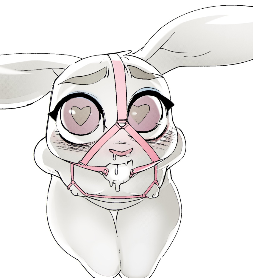 &lt;3 &lt;3_eyes anthro ball_gag bodily_fluids breasts clothed clothing cupless_bra disney doxy eyebrows female gag hi_res ineffective_clothing judy_hopps lagomorph leporid long_ears looking_at_viewer mammal mostly_nude nipples rabbit saliva simple_background small_breasts solo thick_thighs white_background zootopia