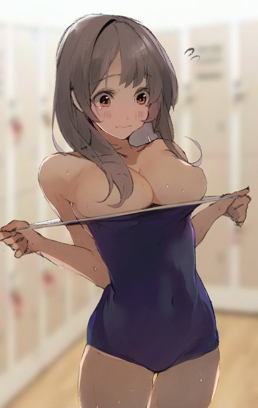 1girl bare_shoulders blue_swimsuit blurry blurry_background breasts breasts_out brown_hair closed_mouth collarbone covered_navel cowboy_shot embarrassed hair_over_shoulder highres large_breasts long_hair looking_at_breasts nipples one-piece_swimsuit original pink_eyes pisuta_(yamashiro) sketch solo strap_pull swimsuit thigh_gap undressing