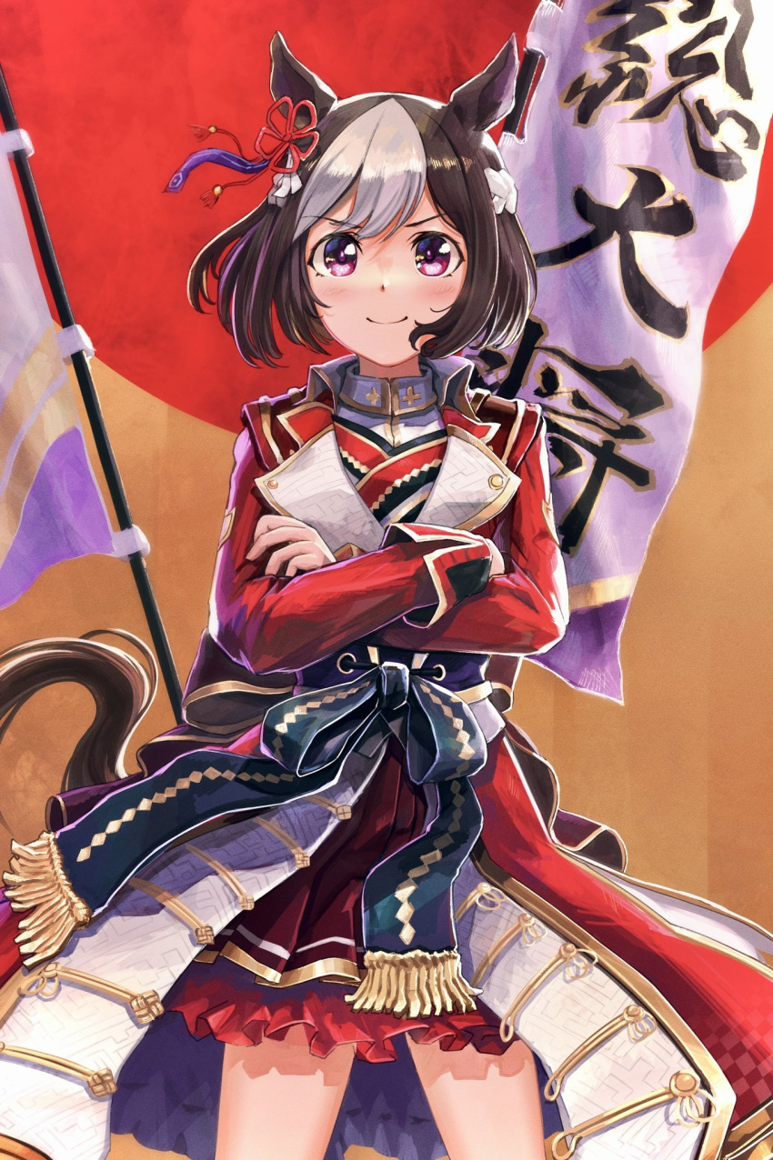 1girl alternate_costume animal_ears armor blush commentary_request crossed_arms flag hair_ornament highres horse_ears horse_girl horse_tail japanese_armor looking_at_viewer medium_hair ponpochi purple_eyes simple_background solo special_week_(supreme_commander_of_the_rising_sun)_(umamusume) special_week_(umamusume) tail umamusume