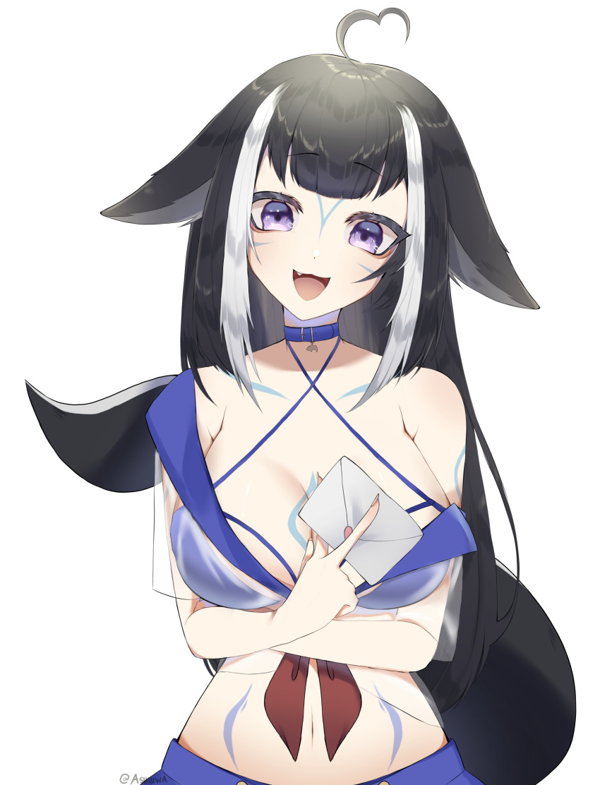 1girl absurdres ahoge animal_ears arm_tattoo ashiiiwa belt_collar bikini bikini_under_clothes black_hair blue_bikini blue_collar blue_skirt breasts cetacean_tail chest_tattoo cleavage collar commentary english_commentary envelope facial_tattoo fang halter_top halterneck heart heart_ahoge highres holding holding_envelope indie_virtual_youtuber large_breasts leg_tattoo looking_at_viewer multicolored_hair navel open_mouth orca_girl purple_eyes school_uniform see-through see-through_shirt serafuku shirt shylily skirt streaked_hair swimsuit tattoo virtual_youtuber white_hair white_shirt