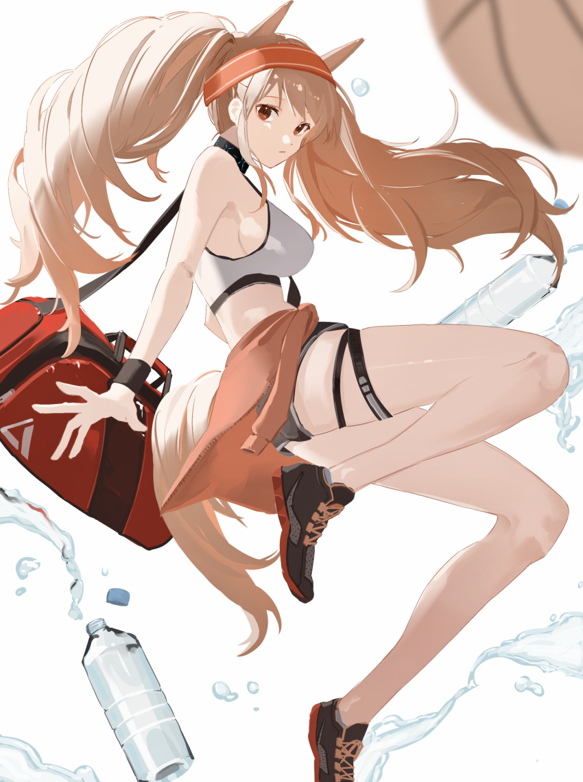 1girl absurdres angelina_(arknights) animal_ears arknights bag bare_legs bare_shoulders basketball black_footwear black_shorts bottle breasts brown_hair clothes_around_waist collar duffel_bag fox_ears fox_girl fox_tail from_side hairband highres infection_monitor_(arknights) large_breasts long_hair looking_at_viewer looking_to_the_side nakatsuka123 official_alternate_costume parted_lips red_eyes red_hairband shoes short_shorts shorts shoulder_bag sideboob sneakers solo sports_bra tail thigh_strap twintails very_long_hair water water_bottle wristband