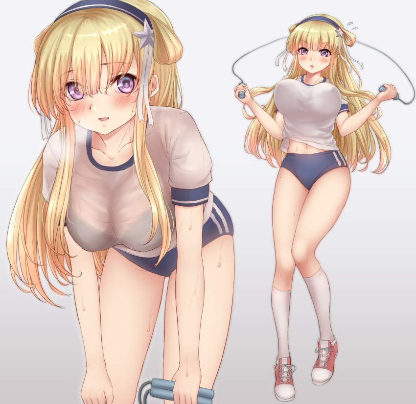 absurdres blonde_hair breasts buruma double_bun fletcher_(kancolle) gym_uniform hair_bun hair_ornament highres kantai_collection large_breasts long_hair nuka_(nvkka) purple_eyes shirt short_sleeves sidelocks simple_background socks star_(symbol) star_hair_ornament white_shirt white_socks