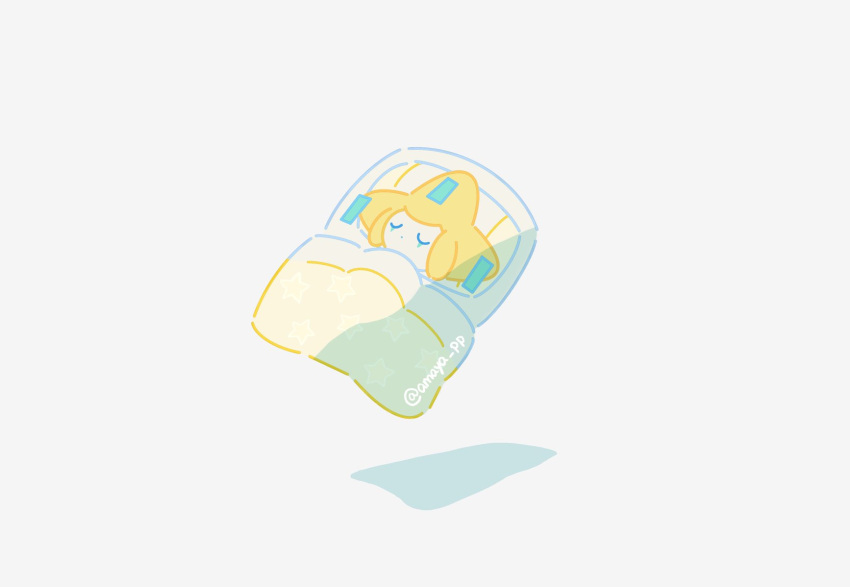 amaya_uw closed_eyes commentary_request highres jirachi no_humans pokemon pokemon_(creature) simple_background sleeping solo twitter_username u_u under_covers white_background