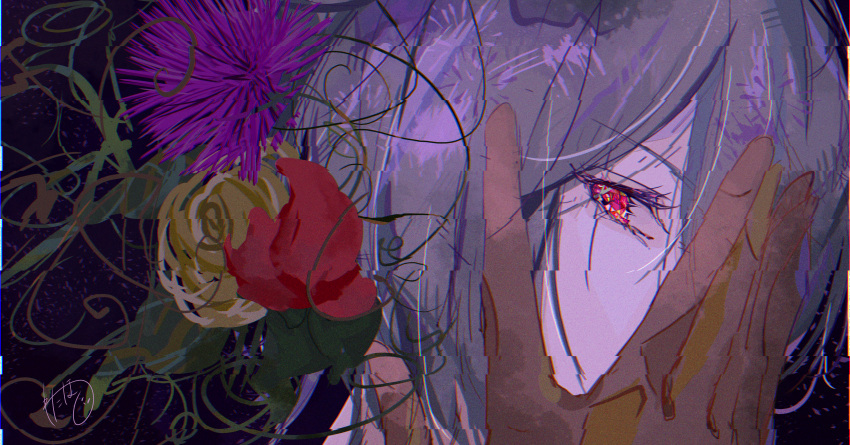 1boy absurdres covering_mouth facing_to_the_side flower gloves grey_hair hair_flower hair_ornament highres looking_at_viewer mahoutsukai_no_yakusoku male_focus owen_(mahoutsukai_no_yakusoku) purple_background purple_flower red_eyes red_flower short_hair solo watahoshi yellow_flower