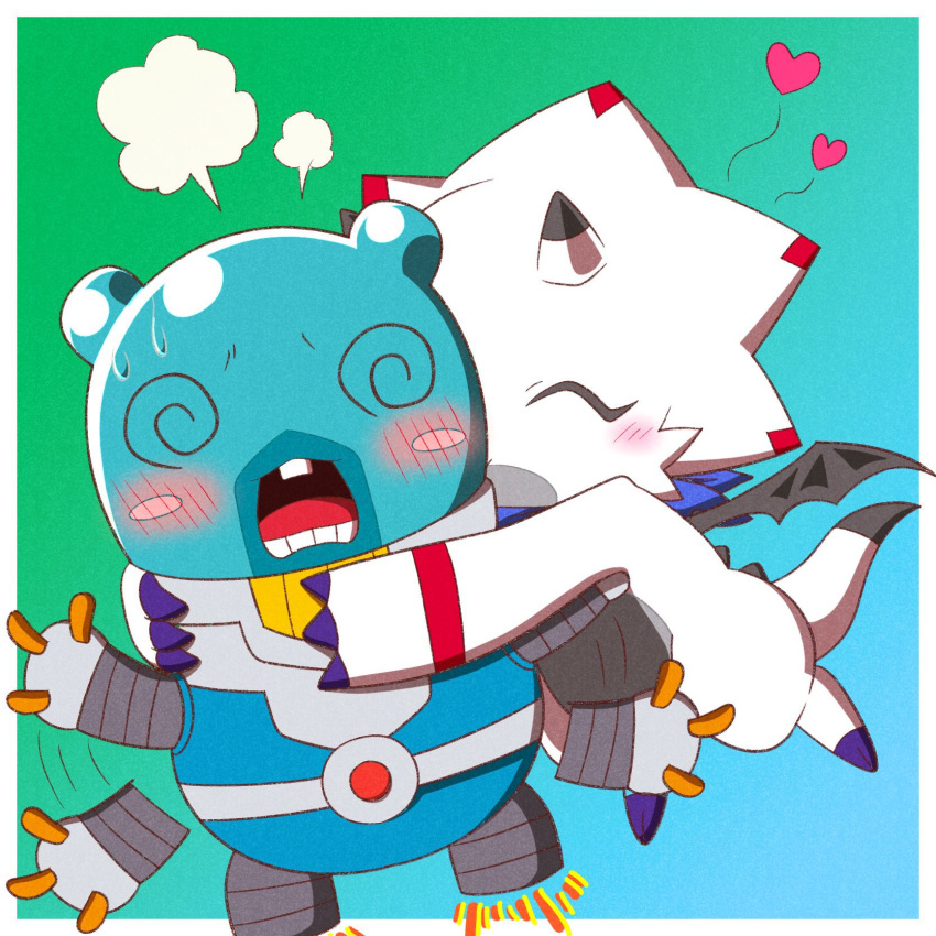 &lt;3 amanokawa_1008 anthro bandai_namco bandanna black_claws blush ceratopsian claws digimon digimon_(species) digimon_ghost_game dinosaur duo espimon gammamon gammamon_(ghost_game) goo_creature hi_res horn kerchief kissing kissing_cheek male male/male ornithischian reptile scalie spacesuit spiral_eyes triceratops white_body